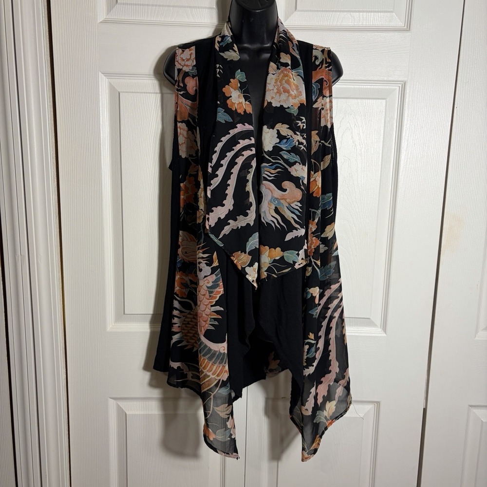 Vintage Anis A Duster Vest Women XL Black Floral Dragon Y2K Waterfall Asymmetric